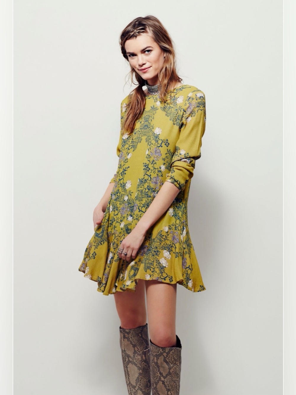 Free People Smooth Talker Floral Print Tunic Dress - Mustard Chartreuse Size M